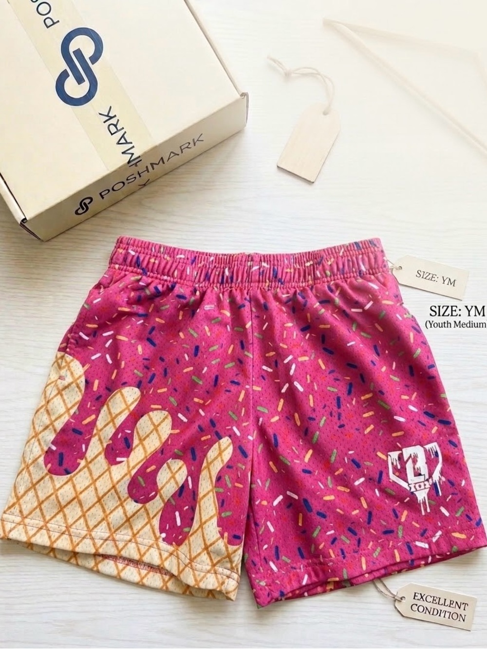 Youth Pink Ice Cream Sprinkles Shorts with Elastic Waistband